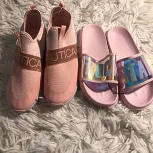 2 Pair Of Shoes Big girls Youth Sz 5  pink rose gold ATHLETIC Sandals Sneakers